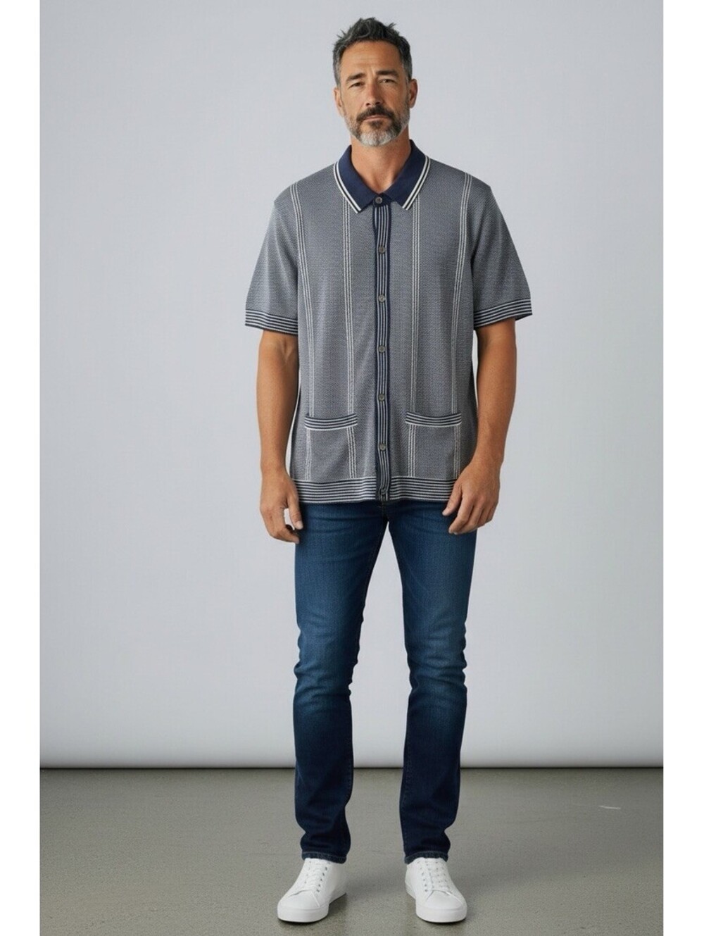 Todd Synder Italian Silk Cotton Tipped Ribbed Polo Shirt SweaterNavy, Men, Large